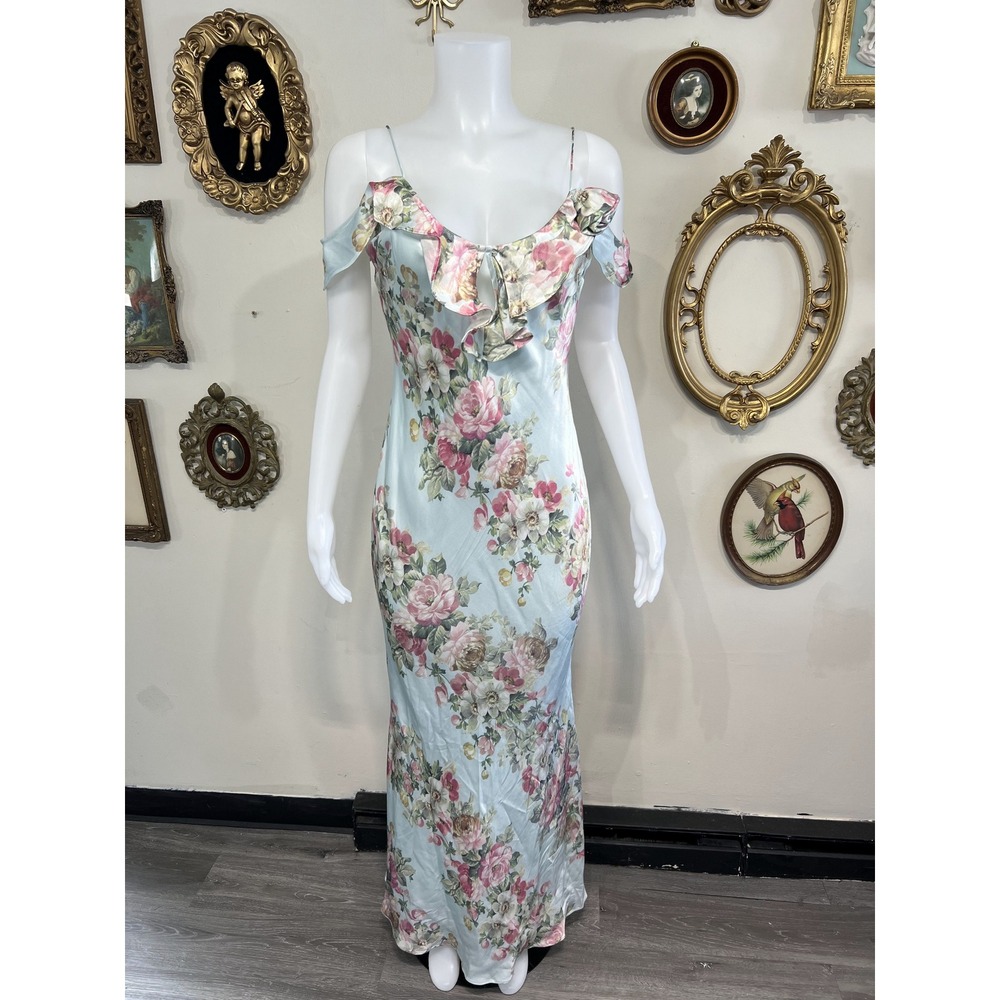 BHLDN Light Blue Floral Silk Ruffle Maxi Dress Size L
